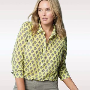 J. Jill Womens MEDIUM Yellow Topaz Medallion Floral One Pocket Top Shirt Cotton
